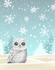 Christmas theme, white owl sitting in snowy landscape, illustration