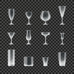 Glasses and goblets transparent vector icons