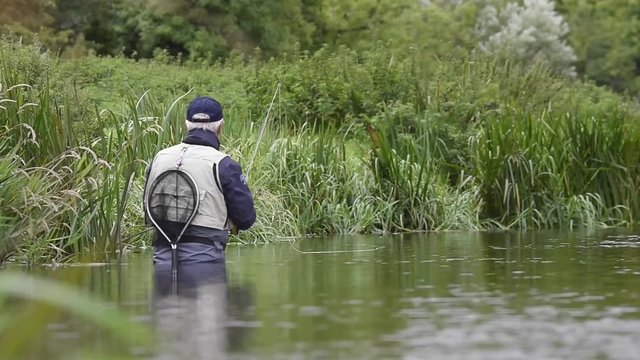 Fly-fisherman fishing in river
