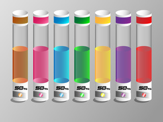 Colorful liquid in a glass tubes with 50 percent.