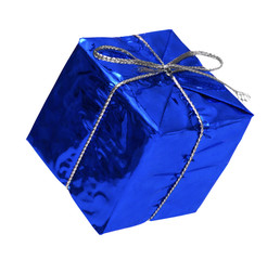 Blue gift with a silver ribbon and a bow falling on white backgr
