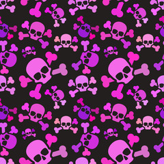 Fototapeta na wymiar Pink skulls on dark background, emo subculture seamless pattern