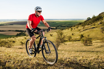 Fototapeta premium Young cyclist cycling in the spring meadow