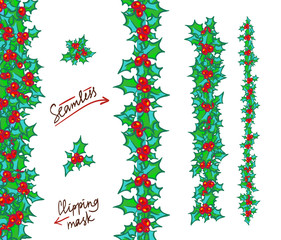 Naklejka na ściany i meble Holly borders and garlands. Vector hand drawn background, design element for Christmas and New Year greeting card or banner. Holly with berry, isolated on white