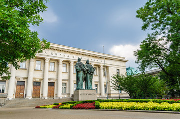 National library in Sofia, Bulgaria - beautiful old building with the monument of the founders of...