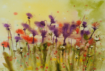 Watercolor painting of colorful wildflower field, landscape painting, impressionist style