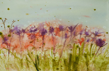 Watercolor painting of colorful wildflower field, landscape painting, impressionist style