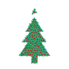 Holly Christmas tree with tree topper ornament. Vector hand drawn background, design element for Christmas and New Year greeting card or banner. Holly with berry clip-art, isolated on white