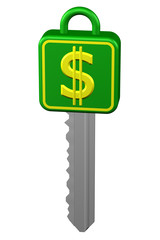 Key with sign dollar. 3D rendering.