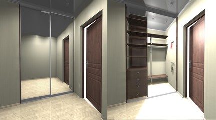 3D rendering wardrobe with mirrored sliding doors and inner filling