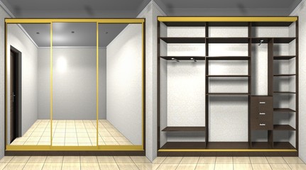 3D rendering wardrobe with mirrored sliding doors, inner filling - 122501031