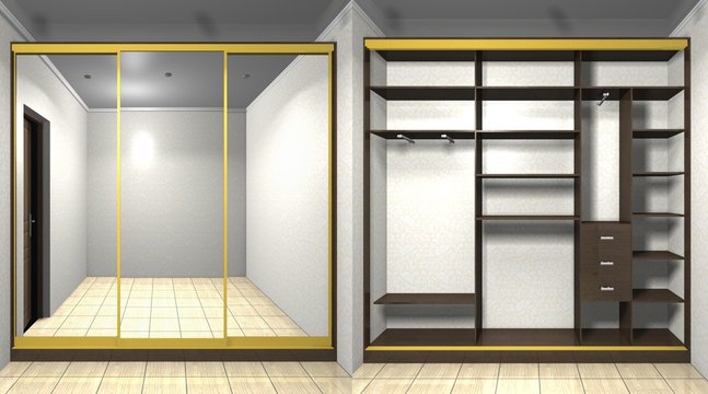 3D rendering wardrobe with mirrored sliding doors, inner filling