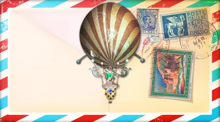 Papier Peint photo autocollant Imagination Cartolina vintage di posta aerea con francobolli e mongolfiera