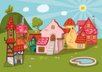 Cartoon background of a medieval village.