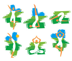Yoga fitness icons on grunge background.
Set of yoga fitness symbols on the grunge background. Vector available.