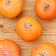 orange fruits for the holiday/ Pumpkin crop on wooden background top view 