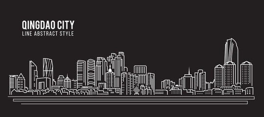 Cityscape Building Line art Vector Illustration design - Qingdao city - obrazy, fototapety, plakaty