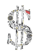 Many auto spare parts isolated in money dollar