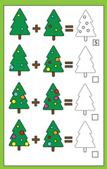 Math educational counting game for children, addition worksheet, christmas theme