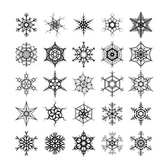 Large set of different modern snowflakes, black silhouettes on white