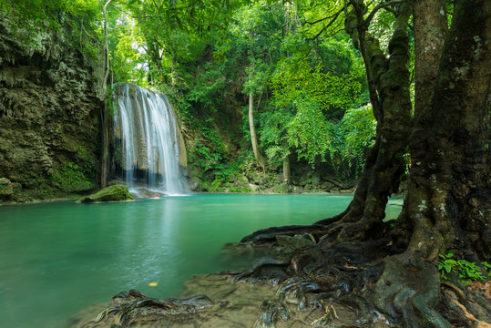 Green nature with beautiful waterfall, Erawan waterfall loacated Kanchanaburi Province , Thailand