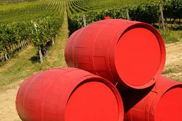 Fototapeta na wymiar Old wine barrels, with green vineyard in chianti region, tuscany, italy.