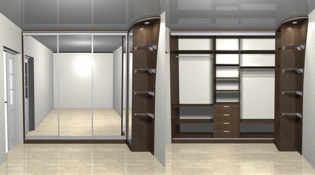 wardrobe corner with mirrored sliding doors 3D rendering illustration, inner filling