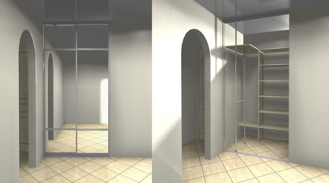 wardrobe with mirrored sliding doors 3D rendering, inner filling