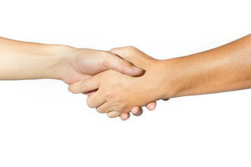 Shaking hands of two people on white background