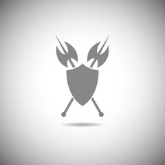 Shield and axe icon on a white background with shadow