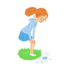 Vector illustration of young girl look at paper boat.