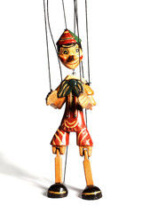 Pinocchio liar doll with big nose isolated on background