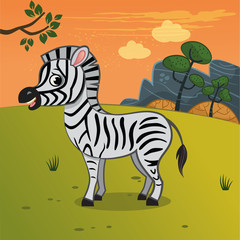 Fototapeta na wymiar Cartoon Illustration Zebra on Savannah. (Vector)