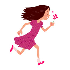 Illustration of running girl with flower in hand, isolated on white background