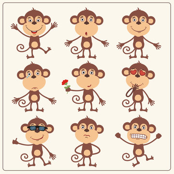 Vector set isolated emotion monkey. Collection cute monkey in cartoon style.
