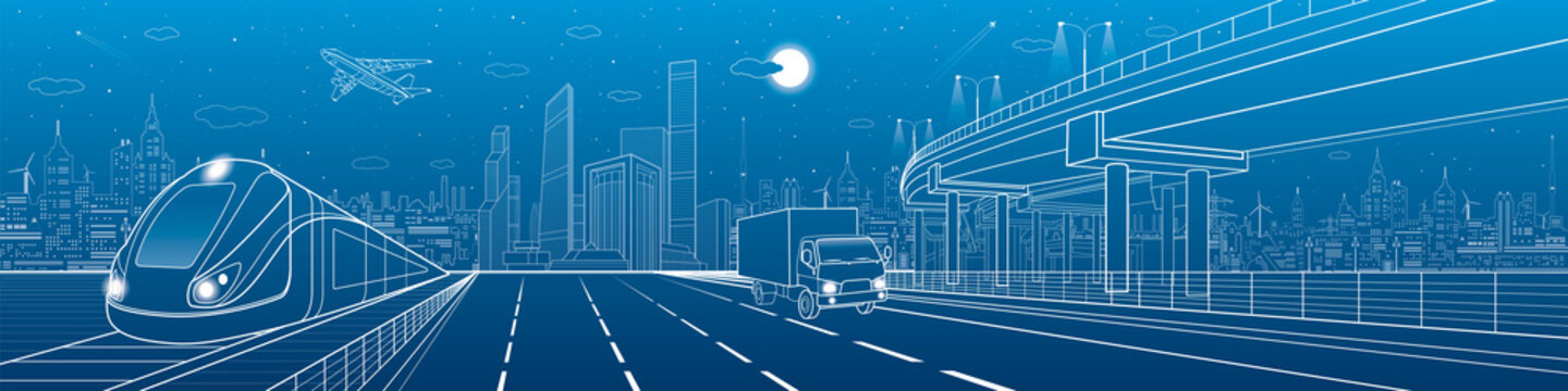 Automotive flyover, infrastructure and transportation panorama, truck rides, plane flies, train move on the railway, business center, night city, towers and skyscrapers, urban scene, vector design art