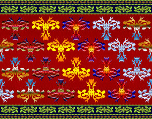 Pattern of flowers and leaves isolated on red background.
