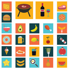 Food and cooking flat icons. Set of white symbols for a culinary theme. Healthy and junk food, fruit and vegetables, spices, cooking utensils and more.