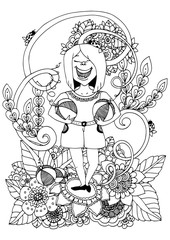 Vector illustration zentangl, woman athlete holds watermelon floral frame. Doodle drawing. Meditative exercises. Coloring book anti stress for adults. Black and white.