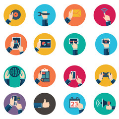 Hands with business object icons set, Flat Design Vector illustration