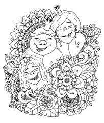 Vector illustration zentangl , the royal family in a flower frame. Doodle drawing. Meditative exercises. Coloring book anti stress for adults. Black and white.