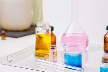 Pharmacy and chemistry theme. Test glass flask with solution in