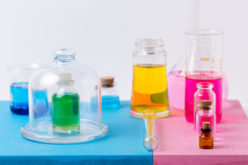 Pharmacy and chemistry theme. Test glass flask with solution in
