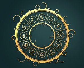 Astrological symbols in the circle. Golden emblem. Metallic material. 3d rendering