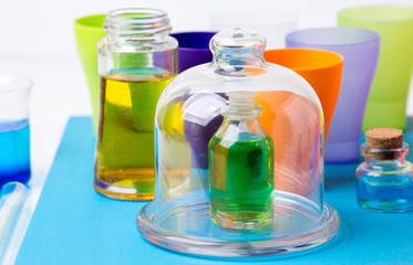 laboratory test tubes and flasks with colored liquids. Laborator
