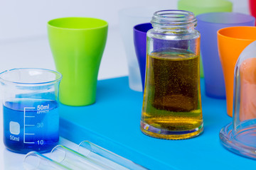 laboratory test tubes and flasks with colored liquids. Laborator