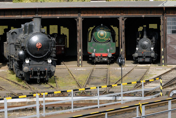 Old Vintage Steam Locomotives At The Train Depot

