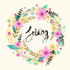 Spring vector flowers vector circle frame. Card template.