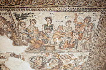 Ancient Greek mosaic in Paphos Archaeological Park. Mosaics are included in UNESCO World Heritage List.