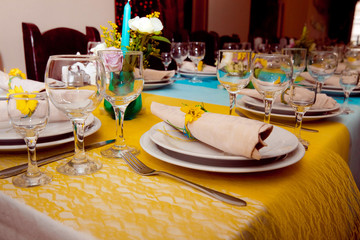 Table setting in restaurant interior. Birthday celebration